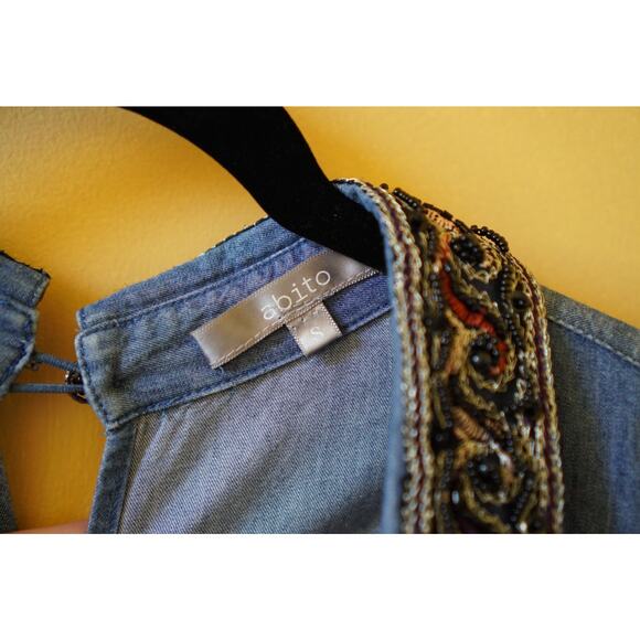 Abito Vintage Casual Denim Button Shirt Beaded Jacquard Collar Blue Small - Picture 8 of 10